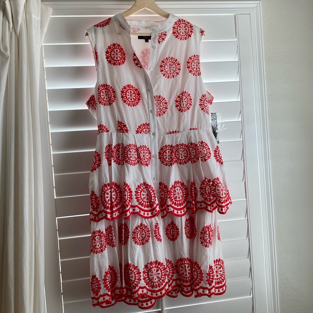 Alex Marie White Tiered Midi Dress with Red Embroidered Medallions